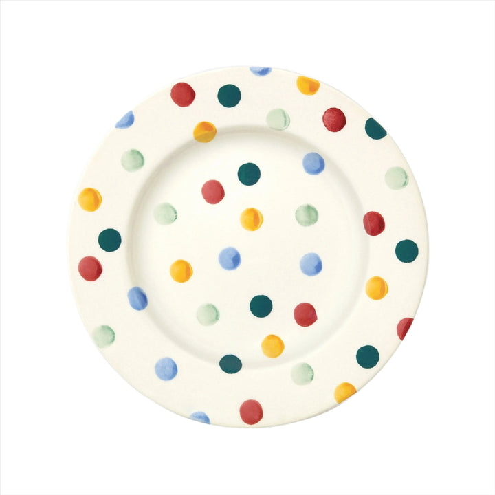 Emma Bridgewater polka dot 8.5-inch ceramic plate with gray and white dots, showcasing a classic and stylish design.