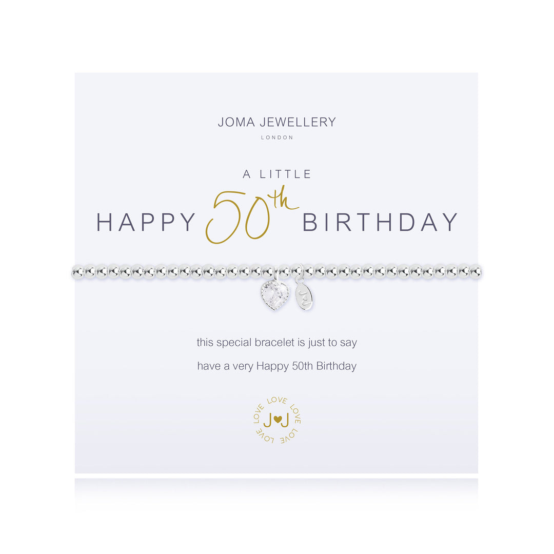 Joma Jewellery A Little Happy 50th Birthday bracelet with silver charm and delicate chain, perfect for celebrating milestones.