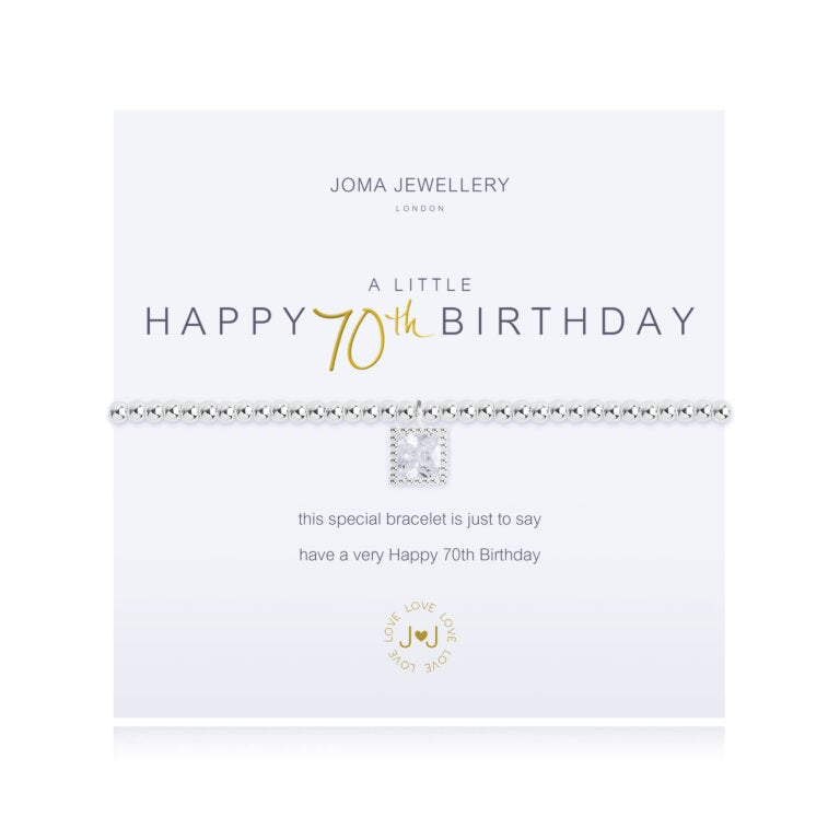 Joma Jewellery A Little Happy 70th Birthday bracelet featuring a silver charm with engraved birthday message, stylish jewelry accessory.