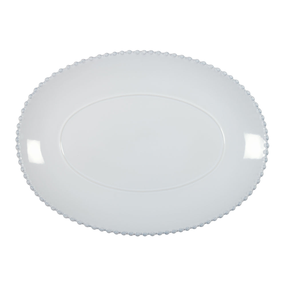 Large pearl white oval platter by Cornucopia Home and Gift, featuring a smooth, elegant ceramic surface for serving.