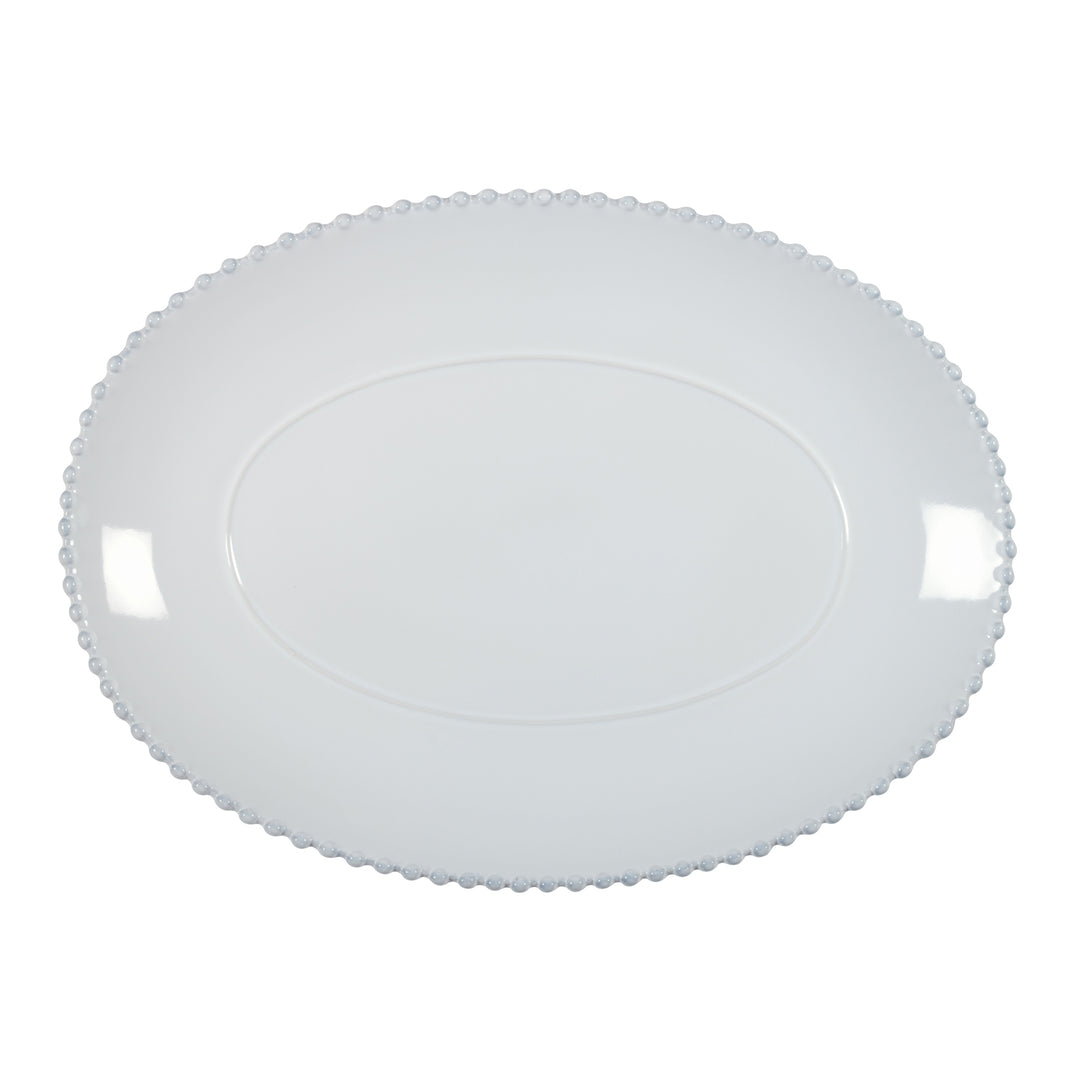 Large pearl white oval platter by Cornucopia Home and Gift, featuring a smooth, elegant ceramic surface for serving.