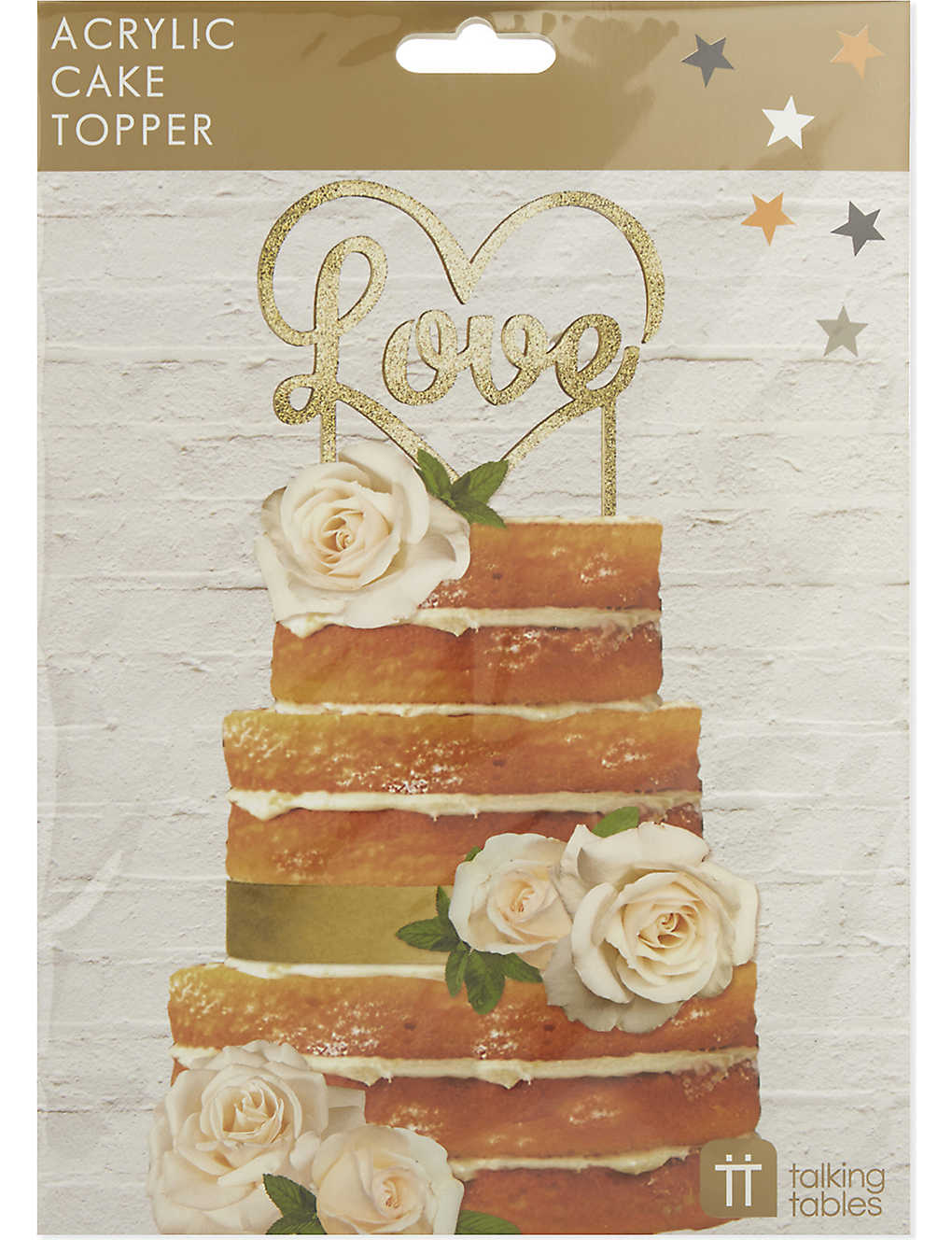 Gold love cake topper by Talking Tables, 22cm tall, features elegant design for wedding or celebration cakes.