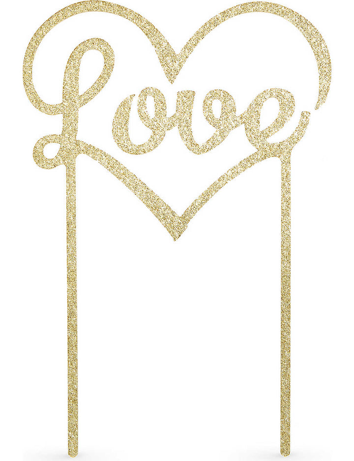 Gold Love cake topper by Talking Tables, 22cm tall, featuring elegant script for wedding or celebration cakes.