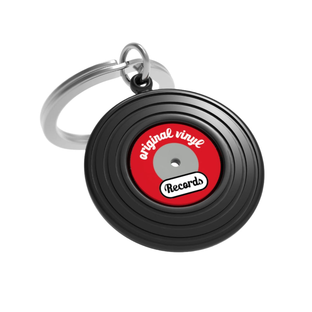 Oli Olsen vinyl records keyring featuring miniature record design, branded by Cornucopia Worcester.
