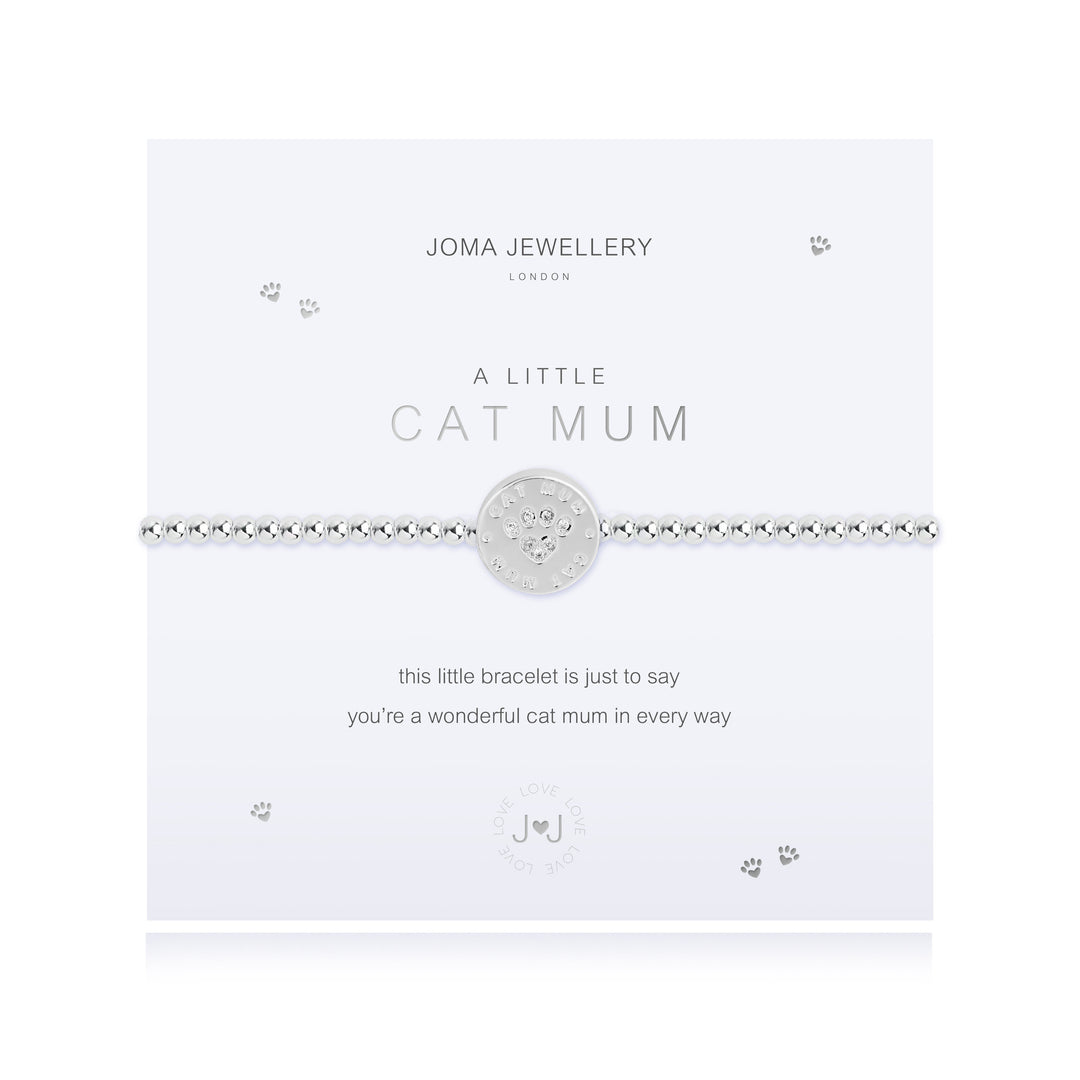 Silver "A Little Cat Mum" bracelet by Joma Jewellery featuring a delicate cat charm on a chain.