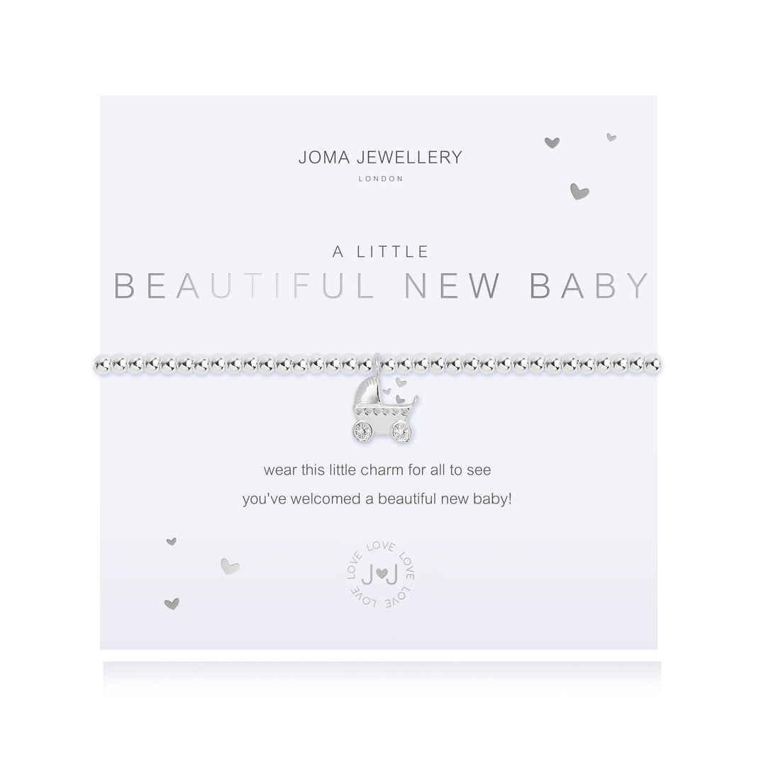 Silver "A Little Beautiful New Baby" bracelet by Joma Jewellery featuring delicate charm for infants.