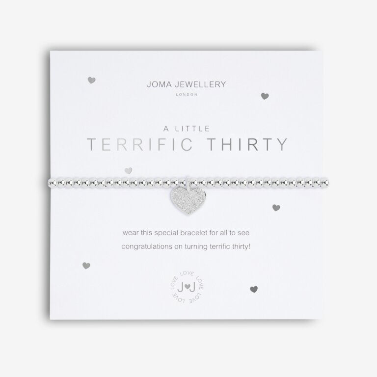 A Little Terrific 30 bracelet by Joma Jewellery featuring a delicate silver chain and a charm with the number 30.