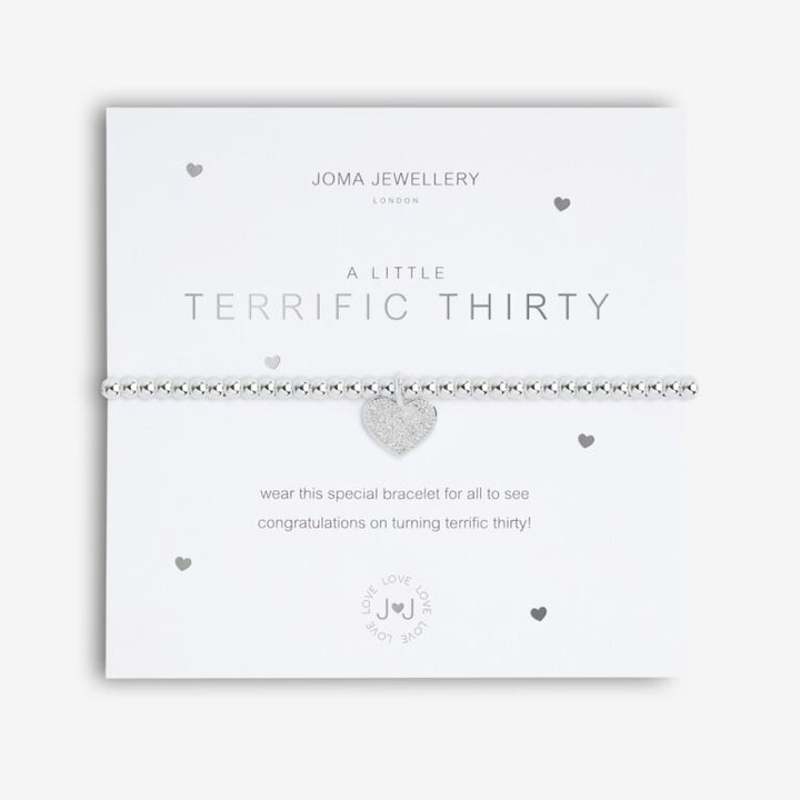 A Little Terrific 30 bracelet by Joma Jewellery featuring a delicate silver chain and a charm with the number 30.