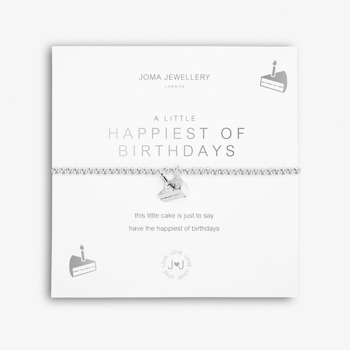 Joma Jewellery Little Happiest Of Birthdays bracelet with gold-tone charm and delicate chain on a plain background.