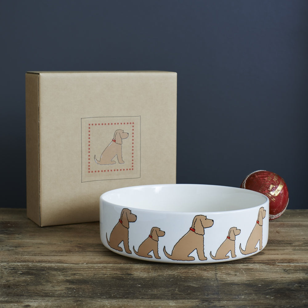 Large Golden Cocker Spaniel dog bowl by Sweet William, featuring a detailed golden Cocker Spaniel design for pet dining.