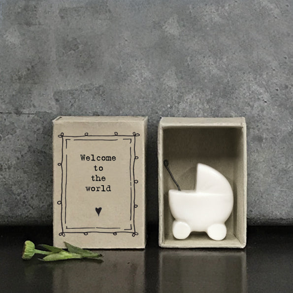 East of India Welcome to the World Matchbox with delicate design, perfect for nursery or gift display by Cornucopia Home and Gift.
