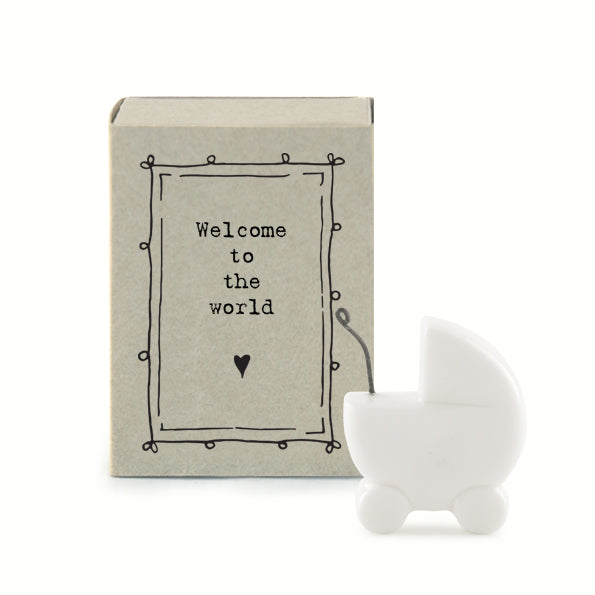 East of India Welcome to the World matchbox with decorative design, by Cornucopia Home and Gift, featuring a charming, welcoming message.