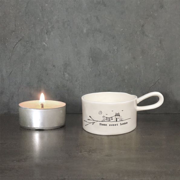 East of India Handled Tea Light Holder with "Home Sweet Home" engraving, ceramic design, perfect for cozy home decor.