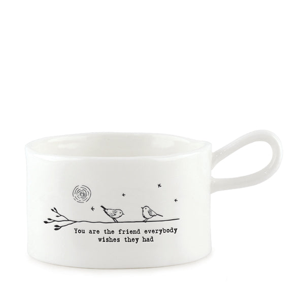 East of India porcelain tea light holder with "You Are the Friend" message and handle, crafted by Cornucopia Home and Gift.