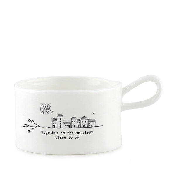 East of India porcelain tea light holder with engraved "Together is the Merriest Place to Be" message, handled design, white finish.