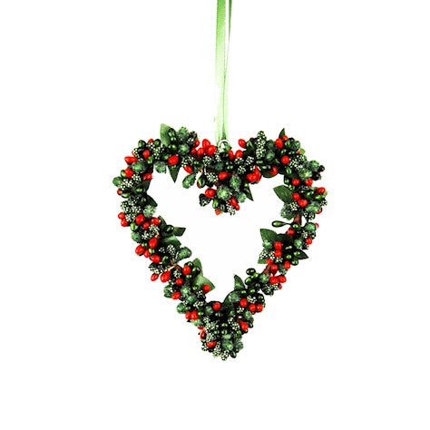 Red and green Hanging Berrybud Heart Christmas decoration by Cornucopia Worcester, featuring festive berry accents and a heart shape.