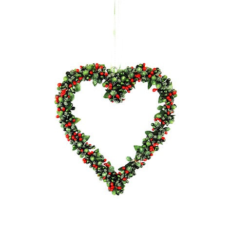 Hanging red and green berrybud heart ornament for Christmas, crafted by Cornucopia Home and Gift, ideal for holiday decor.