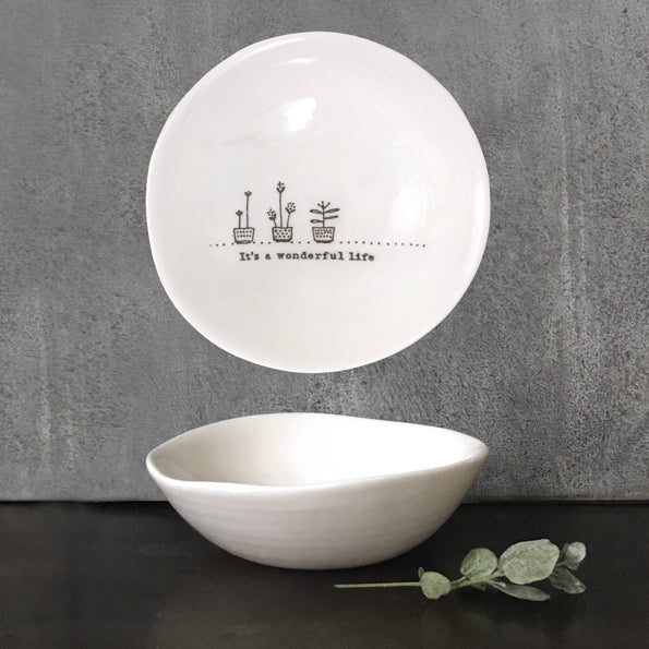 East of India 'It's a Wonderful Life' medium wobbly porcelain bowl with hand-painted design, crafted by Cornucopia Home and Gift.