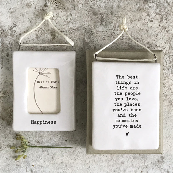 Mini hanging photo frame from East of India with "Happiness" inscription, perfect for displaying cherished memories.