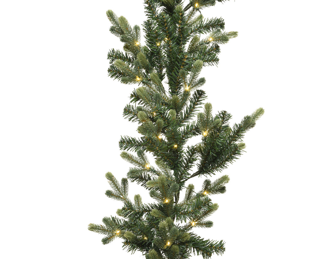 Cornucopia Worcester Geneva Green LED indoor garland with lush foliage and integrated warm LED lights, ideal for holiday decor.