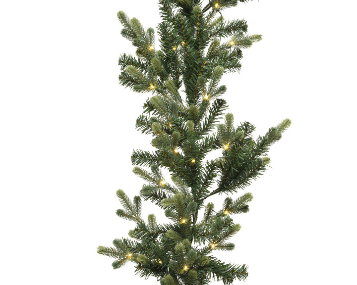 Cornucopia Worcester Geneva Green LED indoor garland with lush foliage and integrated warm LED lights, ideal for holiday decor.