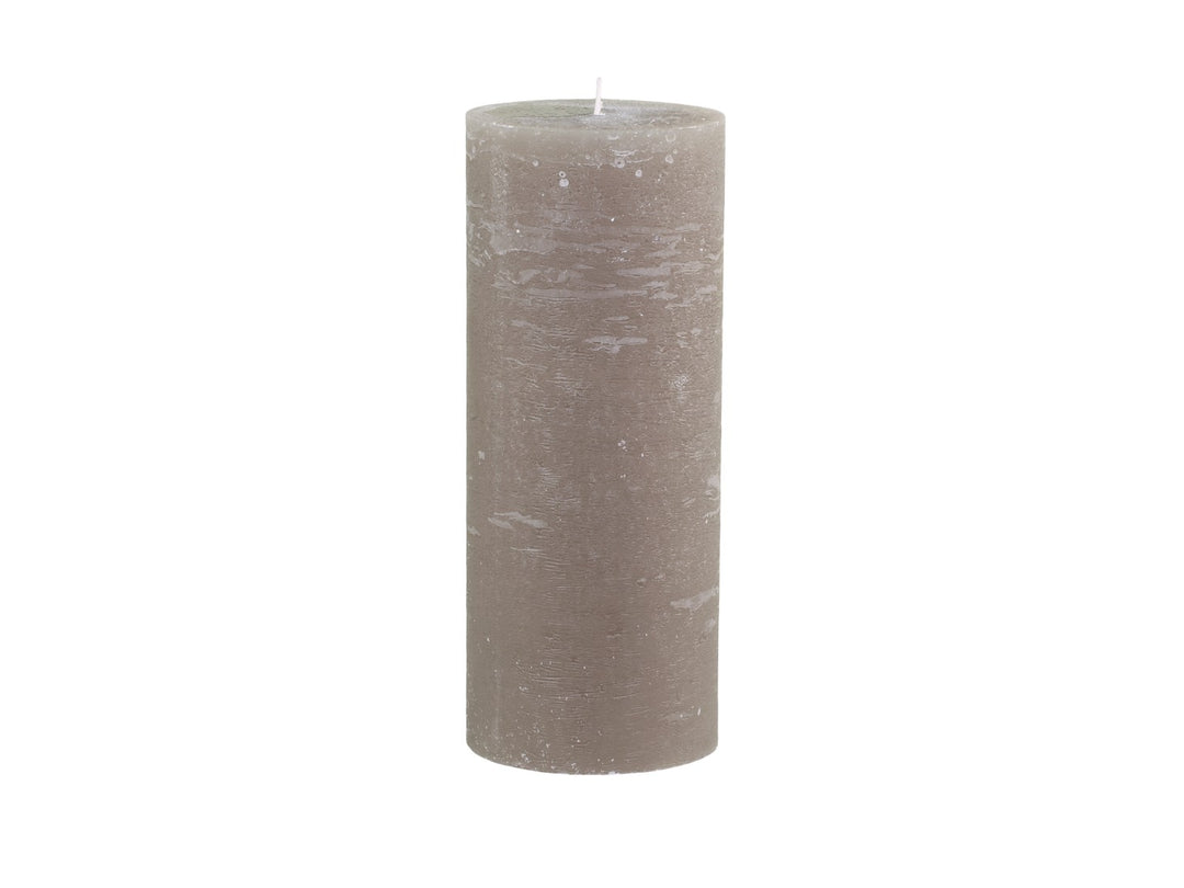 Chic Antique linen pillar candle with 150-hour burn time, displayed on a wooden surface, ideal for home decor.