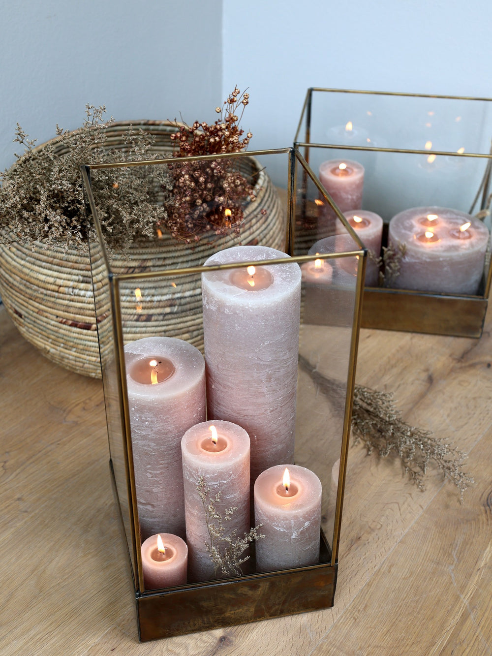 Chic Antique linen pillar candle with 150-hour burn time, displayed on a decorative surface, perfect for elegant home decor.