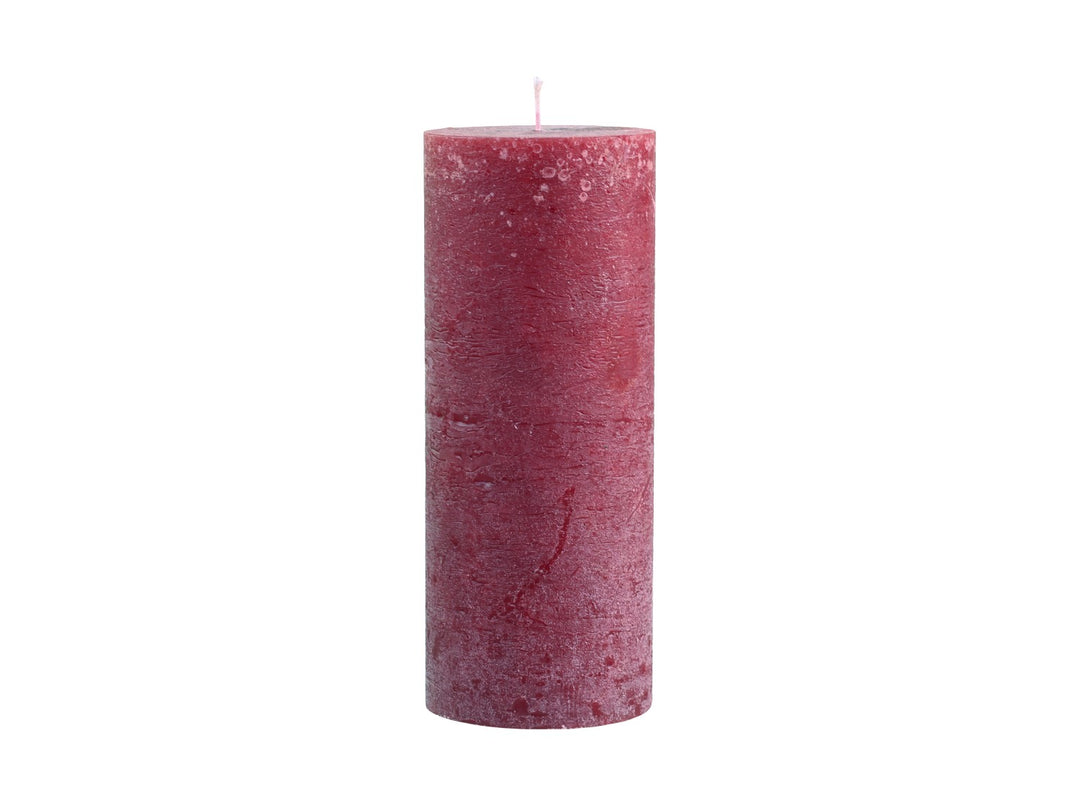 Dark red maroon pillar candle from Chic Antique by Cornucopia Home and Gift, with a tall, cylindrical shape and smooth wax surface.
