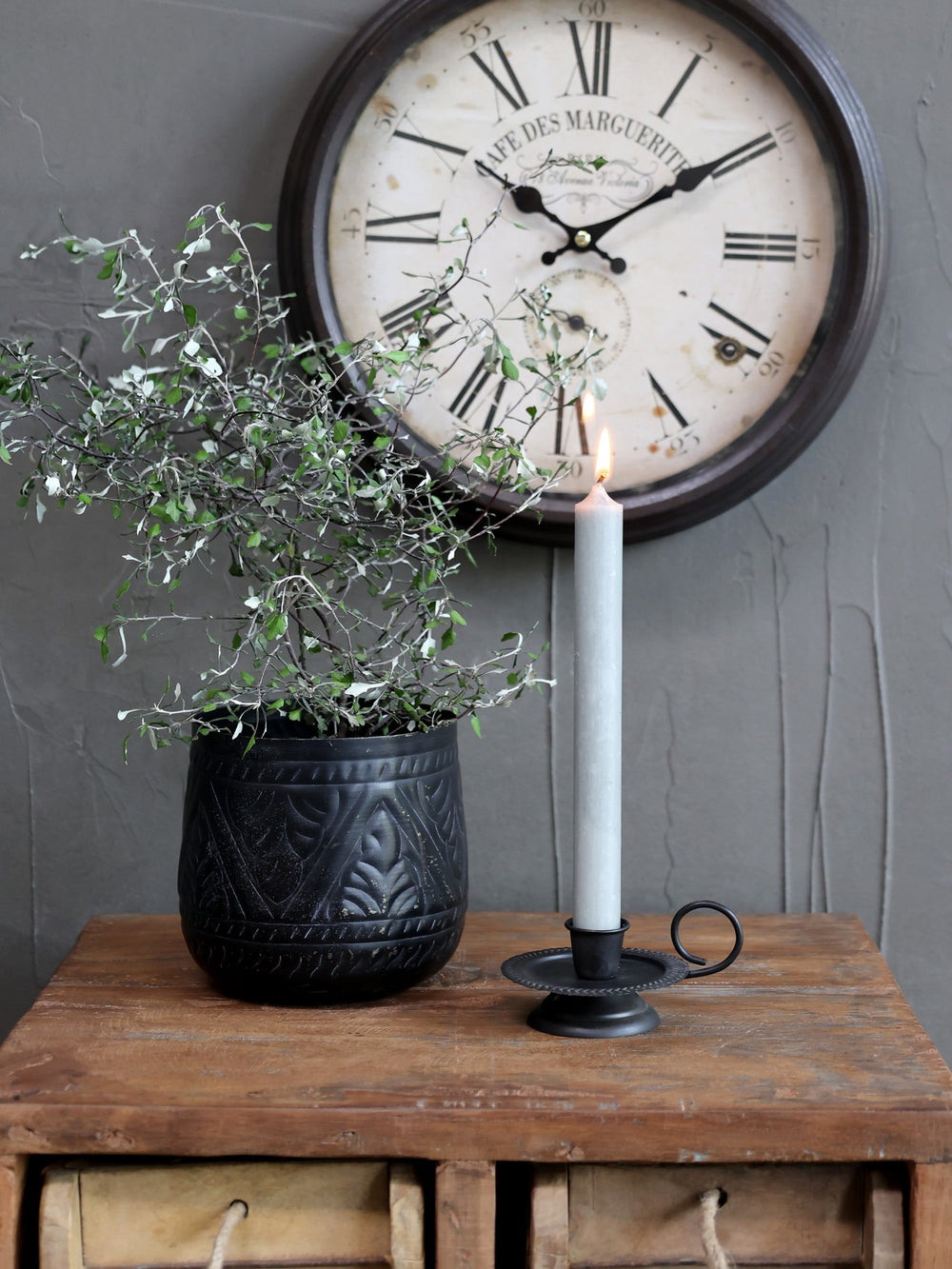 Gray Chic Antique dinner candle from Cornucopia Home and Gift, tall and elegant with a smooth, matte finish.