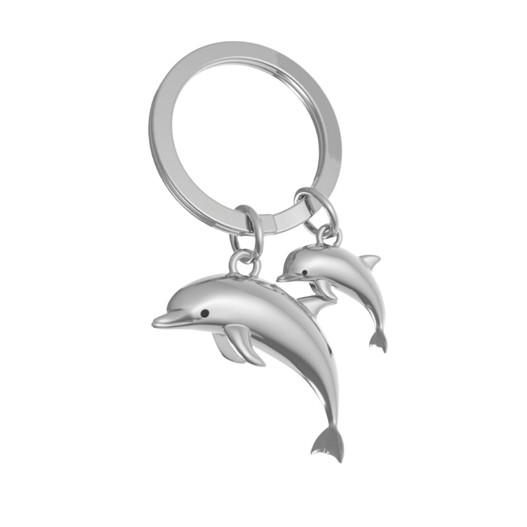 Oli Olsen Dolphin and Baby keyring featuring a detailed dolphin and baby animal design, made by Cornucopia Home and Gift.
