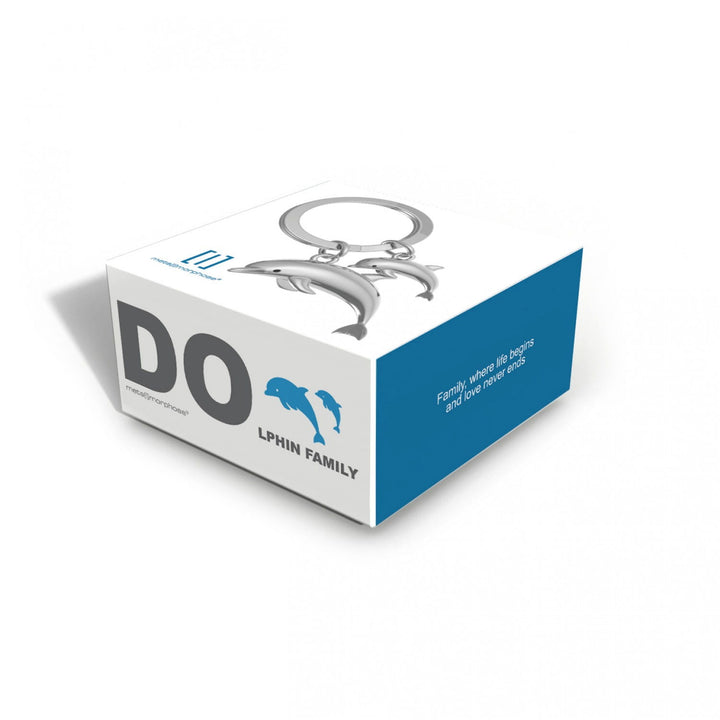 Oli Olsen Dolphin &amp; Baby keyring featuring a detailed dolphin and baby figure, made by Cornucopia Home and Gift.