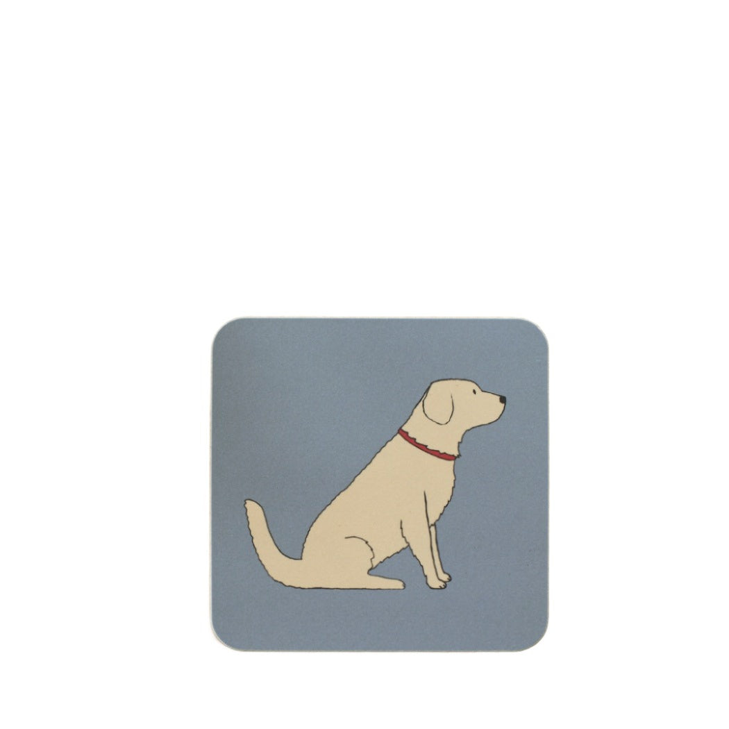 Sweet William Golden Retriever coaster by Cornucopia Worcester featuring a detailed golden retriever illustration on a round cork surface.