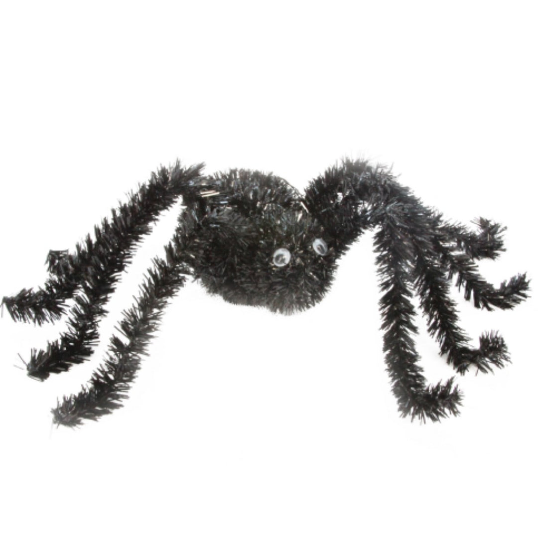 Black tinsel spider ornament from Gisela Graham Halloween collection, featuring a detailed spider with shiny tinsel accents.