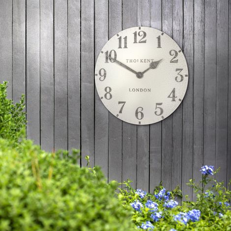 20-inch outdoor Arabic wall clock with crackle finish by Cornucopia Home and Gift, featuring bold black numerals and antique-style design.