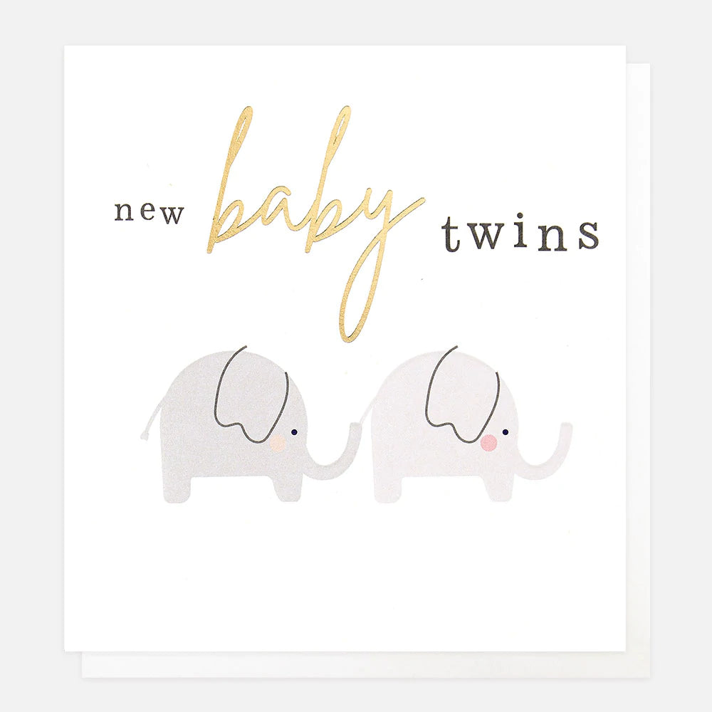 Caroline Gardner new baby twins elephants greeting card with colorful illustrated elephants on white background.