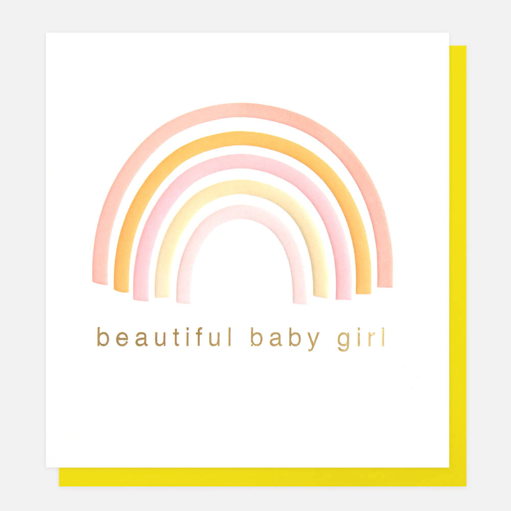 Colorful Caroline Gardner baby girl rainbow card with vibrant rainbow illustration and cheerful design, perfect for baby greetings.