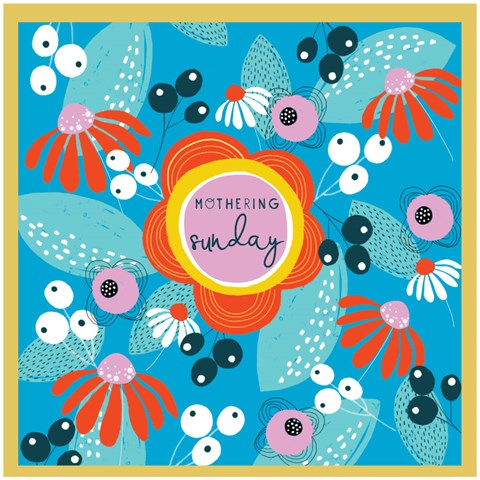 Bloom Mothering Sunday Blue by Cinnamon Aitch, featuring vibrant blue flowers in a decorative arrangement with lush greenery.