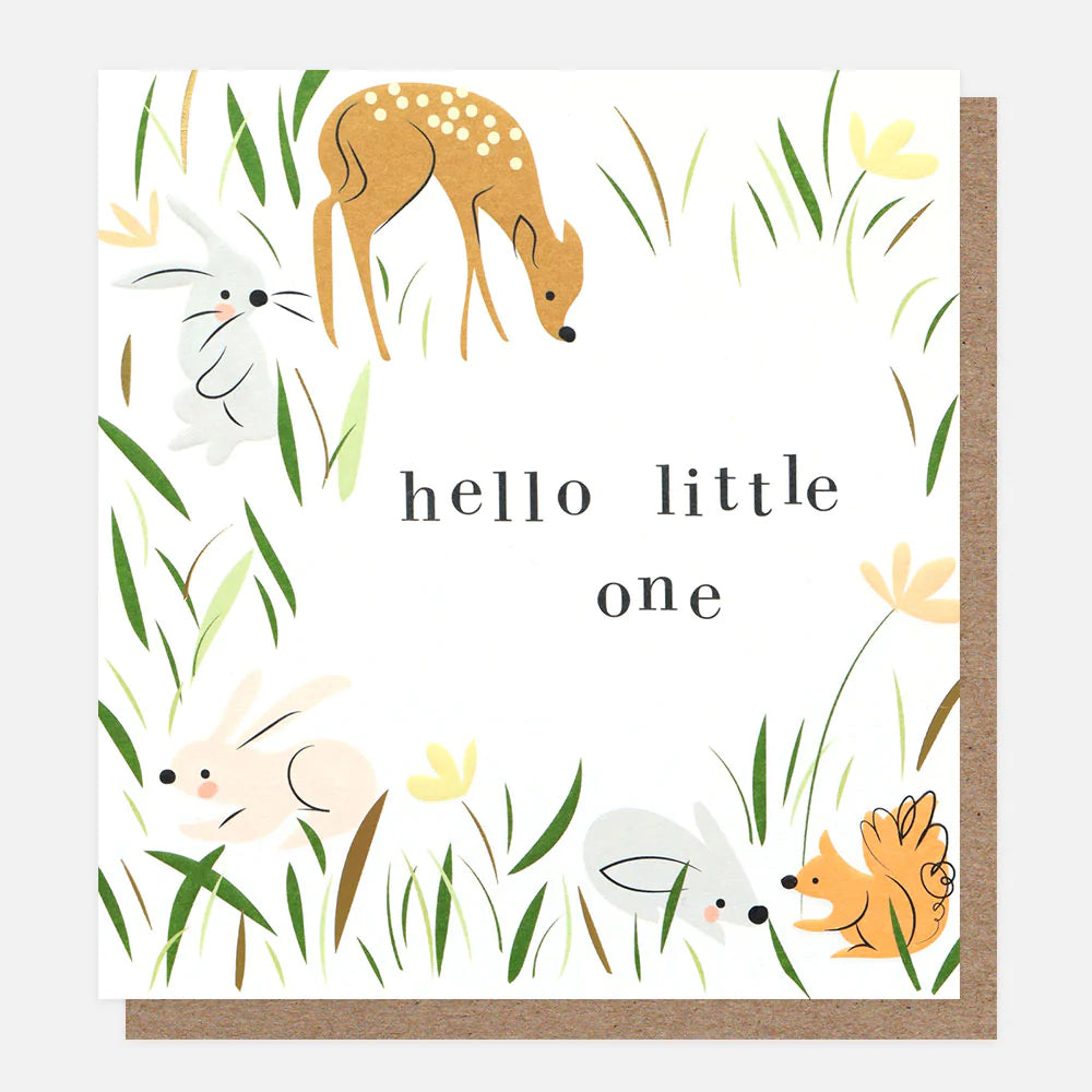 Caroline Gardner Hello Little One Baby Card featuring colorful, whimsical design on a white background.