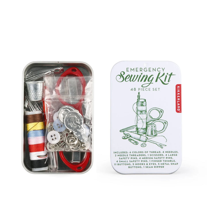 Kikkerland Emergency Sewing Kit with needles, thread, and buttons in compact packaging, ideal for quick repairs.
