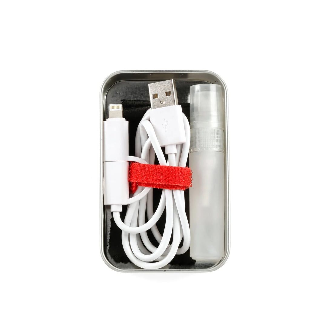 Kikkerland Emergency Tech Kit with compact storage case, includes essential tools and accessories for tech emergencies.