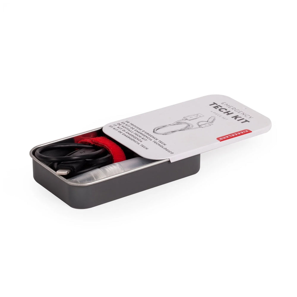 Kikkerland Emergency Tech Kit with various tools and accessories for quick tech repairs, packed in a compact case.