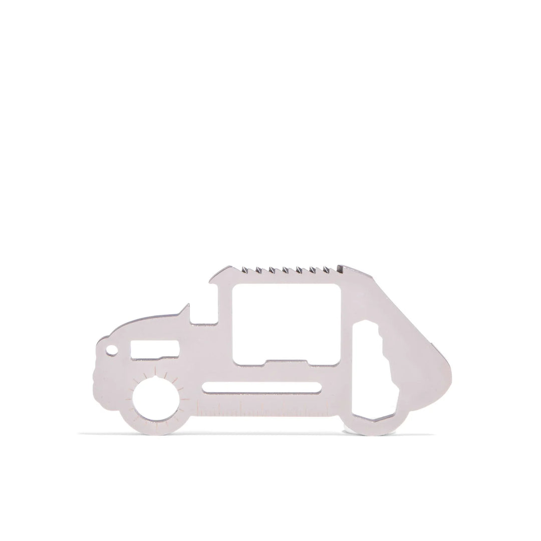 Car-shaped survival tool by Kikkerland featuring multiple functions, shown in a colorful, compact design.