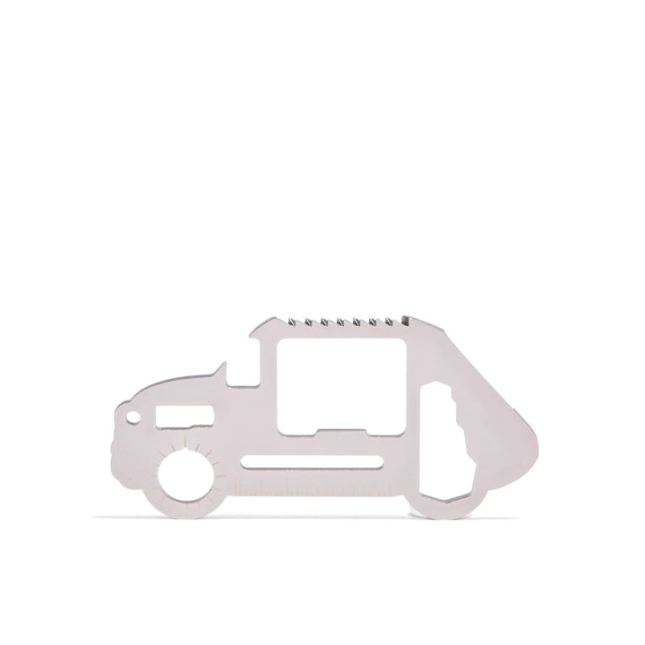 Car-shaped survival tool by Kikkerland featuring multiple functions, shown in a colorful, compact design.