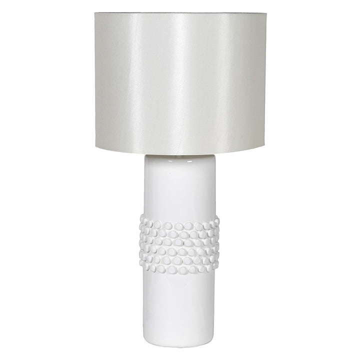 White dotted ceramic table lamp by Coach House from Cornucopia Home and Gift, featuring a classic design and smooth finish.