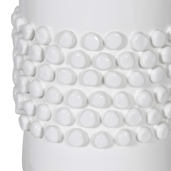 White dotted ceramic Coach House table lamp by Cornucopia Home and Gift, featuring a classic design and soft lighting.