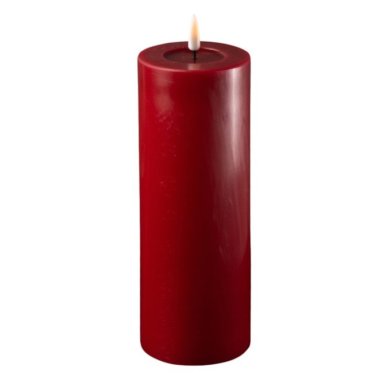 Bordeaux-colored LED candle from Cornucopia Worcester Deluxe Home Art, 20cm tall with a 7.5cm diameter, glowing softly.