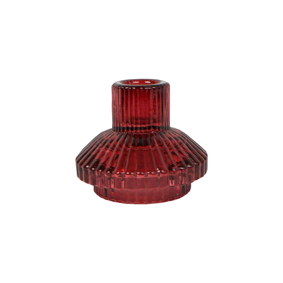 Small burgundy red glass candle holder with geometric design by Cornucopia Home and Gift, perfect for decorative table arrangements.