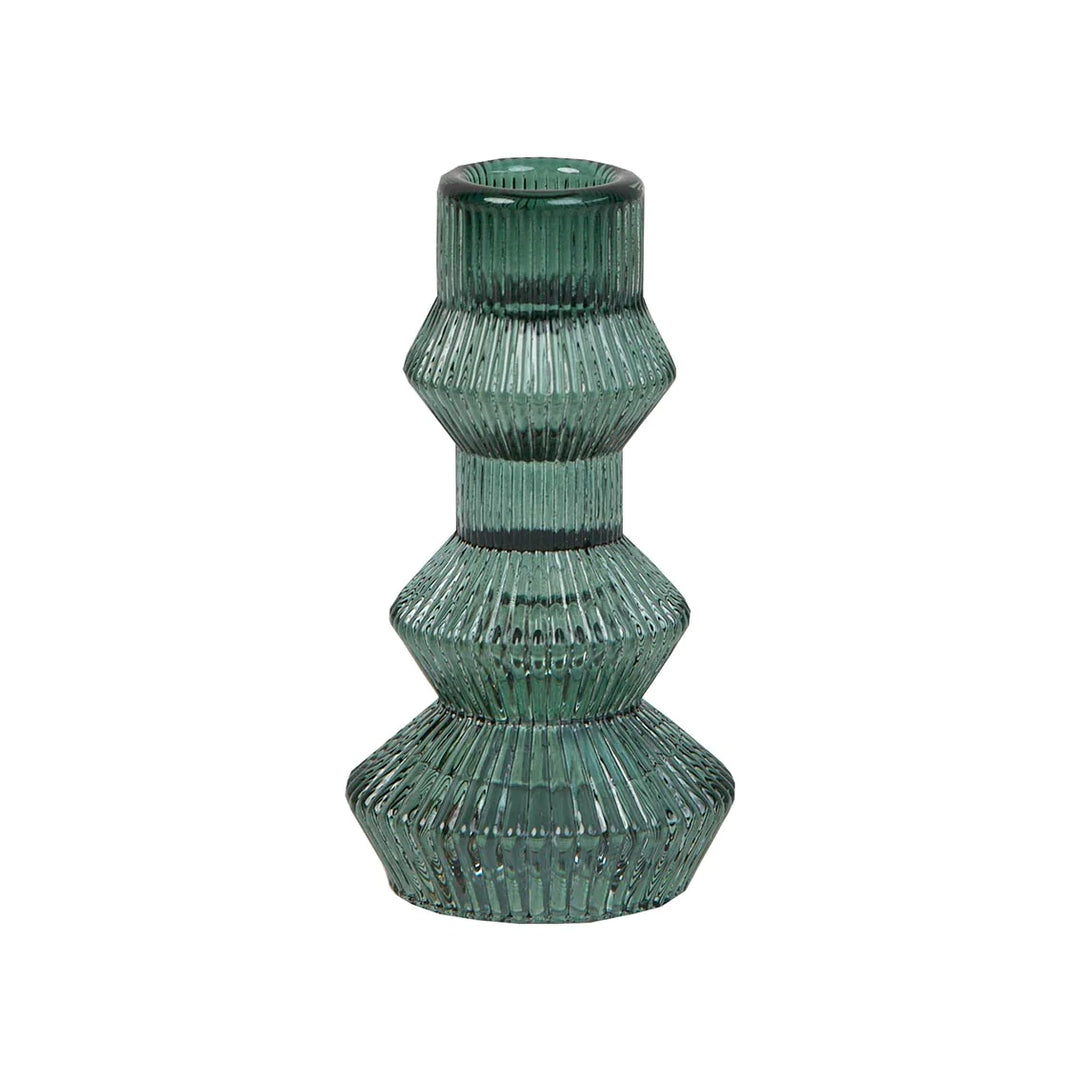 Geometric sage green glass candlestick holder by Cornucopia Home and Gift, tall design with modern geometric pattern.