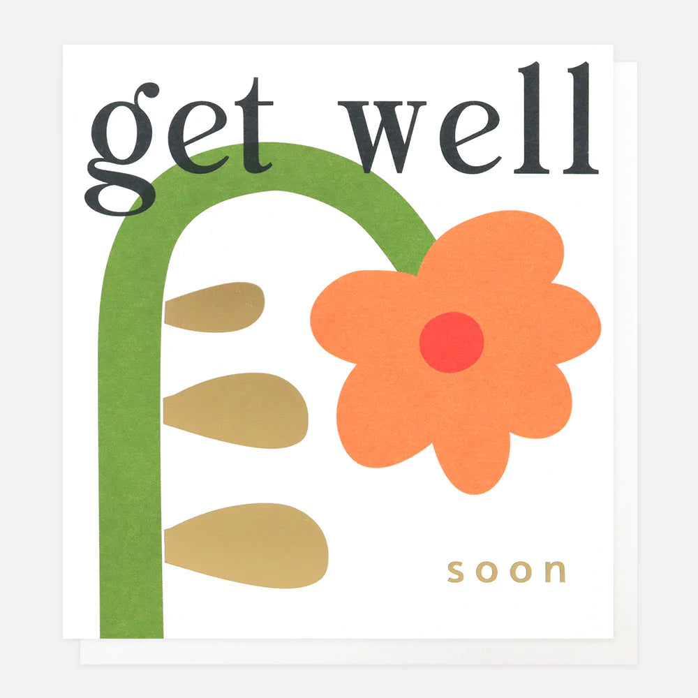 Get Well Soon Bendy Orange Daisy card by Caroline Gardner featuring vibrant orange daisy illustration on a cheerful greeting card
