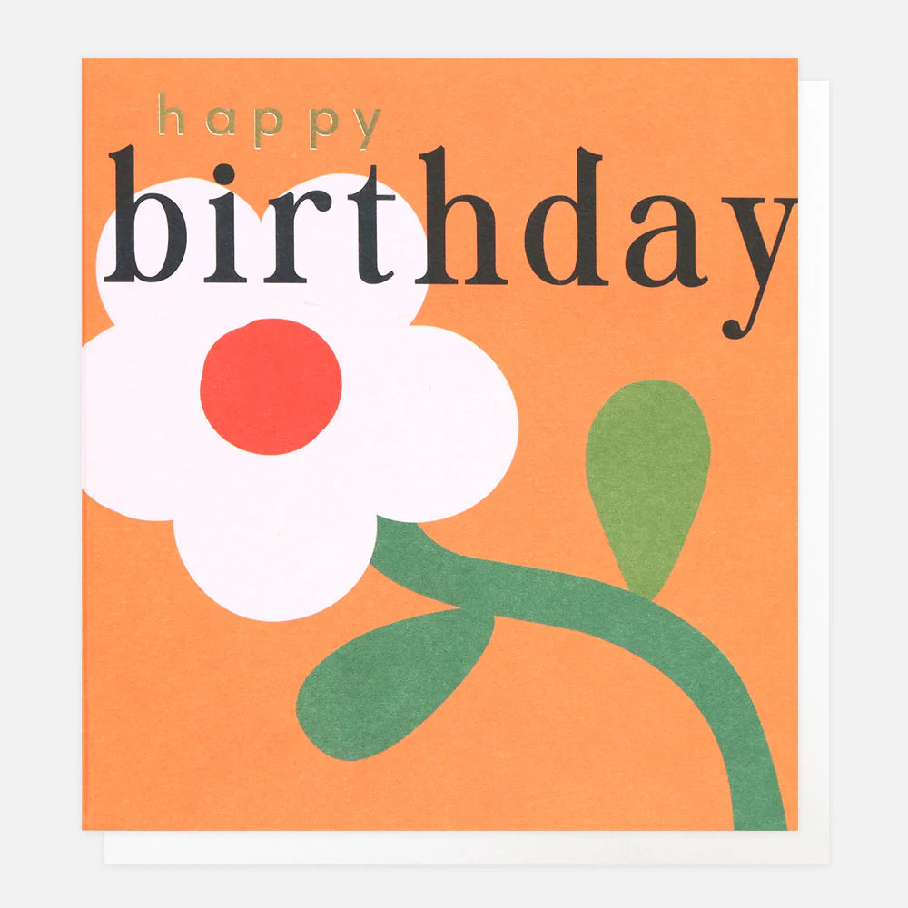 Caroline Gardner birthday card with colorful floral design, featuring cheerful greeting and elegant script, on a white background.